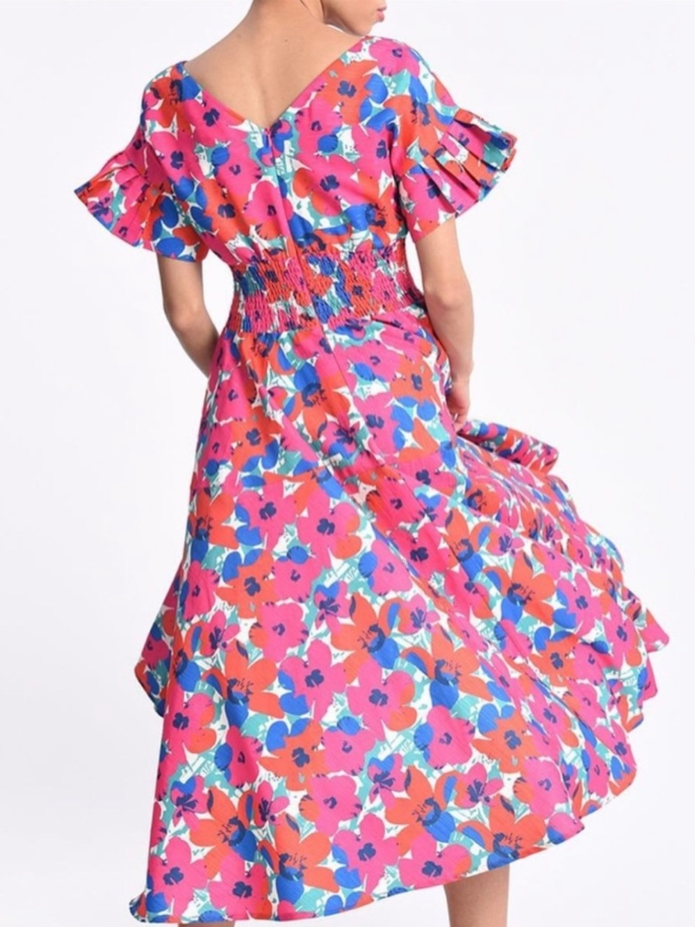 NWOT Lili Sidonio Molly Bracken Retro Smocked Fushia Floral Print Dress Size S - Picture 6 of 13